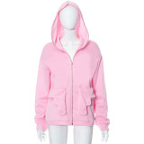 Solid color pocket zippered long sleeved hoodie jacket