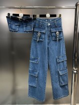 Belt decoration multi pocket workwear pants Spicy girl style jeans