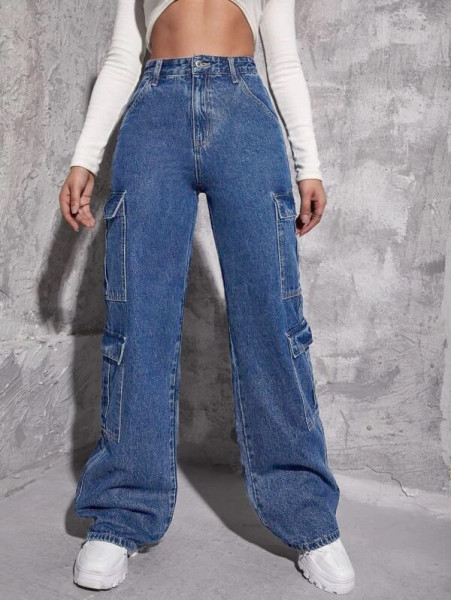 Women's work clothes, organ bags, multiple bags, denim straight pants