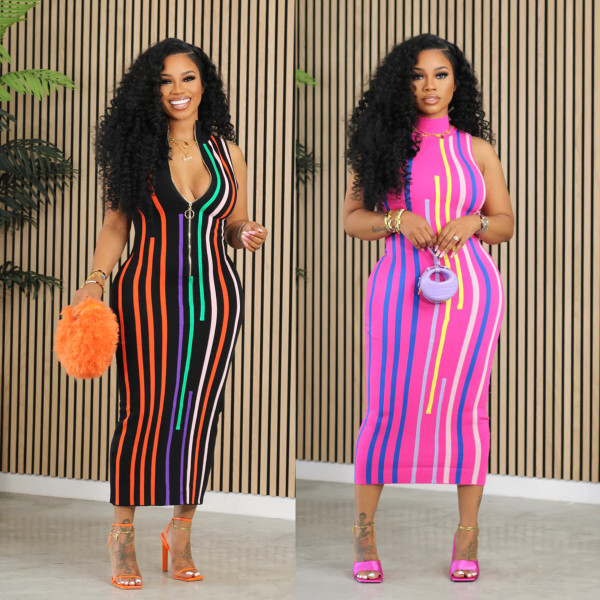 Slim Fit Zipper Digital Printed Sleeveless Wrapped Hip Dress