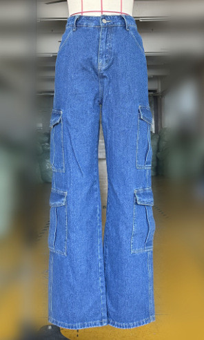 Women's work clothes, organ bags, multiple bags, denim straight pants