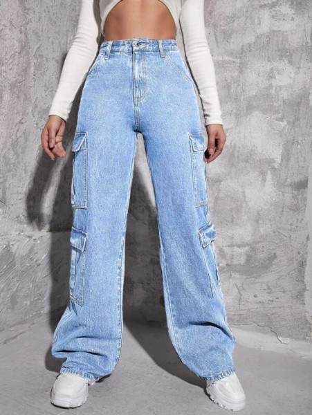 Women's work clothes, organ bags, multiple bags, denim straight pants