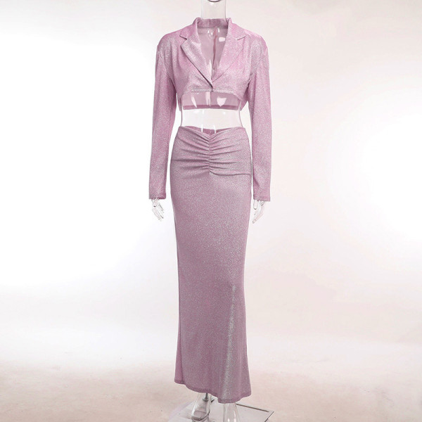 Pleated buttocks skirt set sparkling suit shoulder pad top