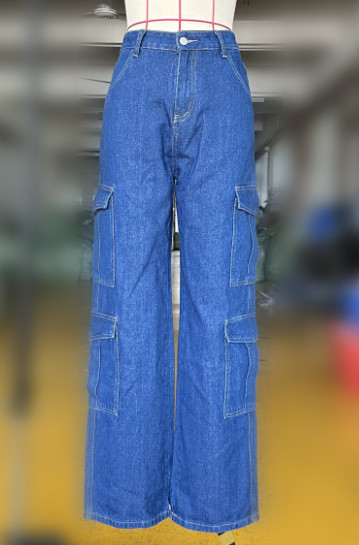 Women's work clothes, organ bags, multiple bags, denim straight pants