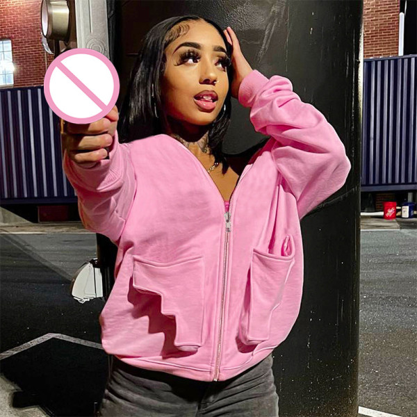 Solid color pocket zippered long sleeved hoodie jacket