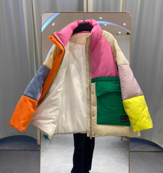 Contrast stitching standing neck down jacket for women loose fitting bread jacket with large pockets and thickened jacket