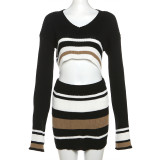 Slim Fit Open Umbilical Top High Waist Wrap Hip Striped Short Skirt Set