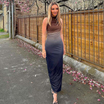 Round neck sleeveless tie dyed mesh long dress