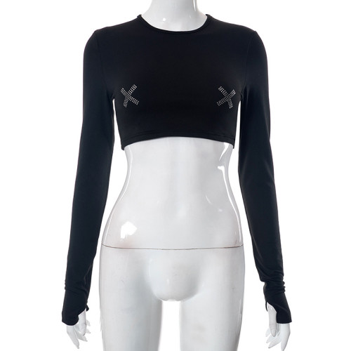 Hot Diamond Long Sleeve Short Spicy Girl Versatile Top