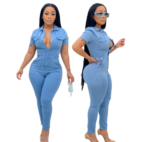 Leisure fashion denim women's slim fitting jumpsuit