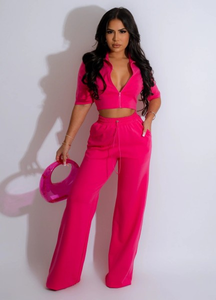 Zipper top drawstring loose pants set