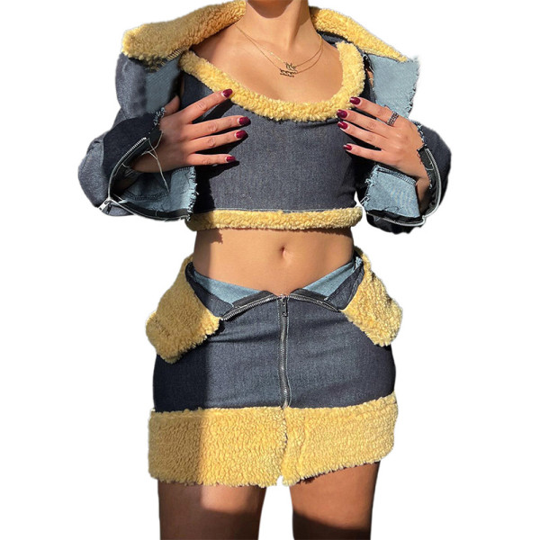 Long sleeved short jacket with tie up vest, zippered short skirt, denim three piece set