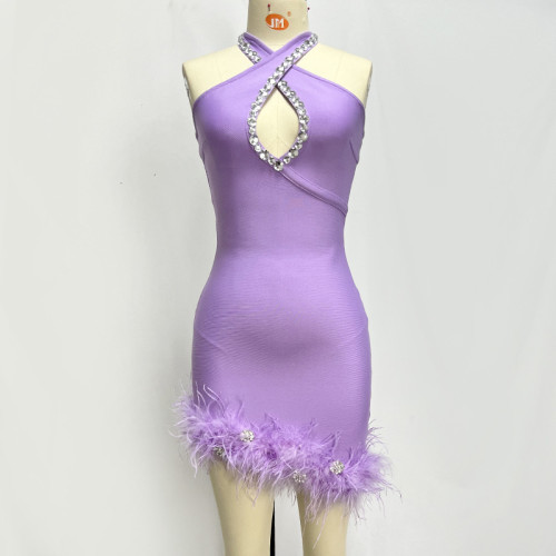 Hanging Neck Rhinestone Feather Bandage Dress Dress