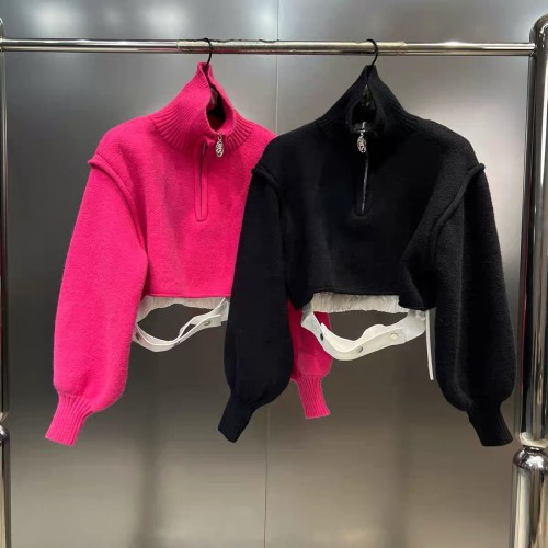 Zipper stand neck bubble long sleeves with open waist lace up fake two sweaters