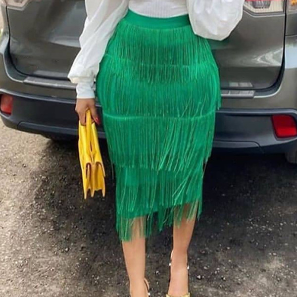 High waisted patchwork fringed skirt slim fit wrap hip skirt party pencil skirt