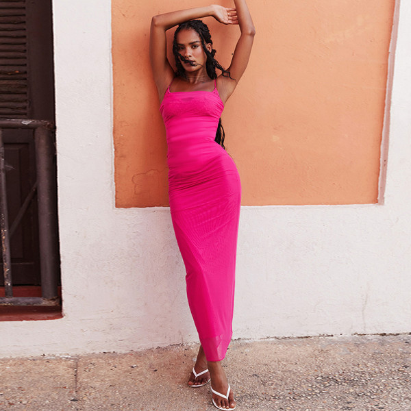 Split Long Dress Fashion Lace Mesh Strap Dress