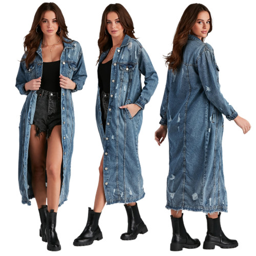 Women's tattered long sleeved denim trench coat cardigan denim cape
