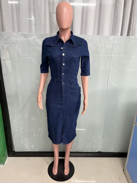 Slim Fit, Stretchy, Sexy, Elastic breasted denim wrap buttocks dress