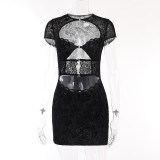 Fashionable flocked lace cut out dress