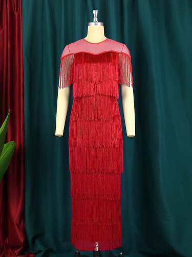 Mesh patchwork tassel high waisted oversized hip wrap skirt