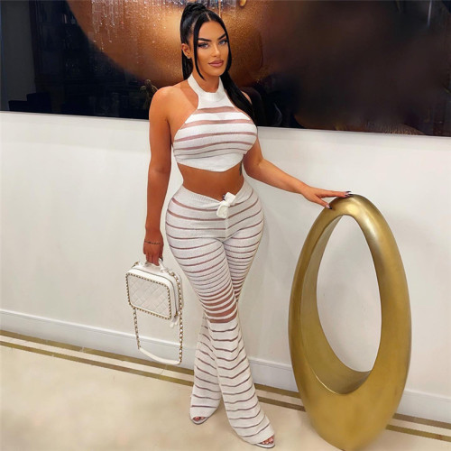 Fashion Hanging Neck Sexy Knitted Tank Top High Waist Pants Set W23S35504