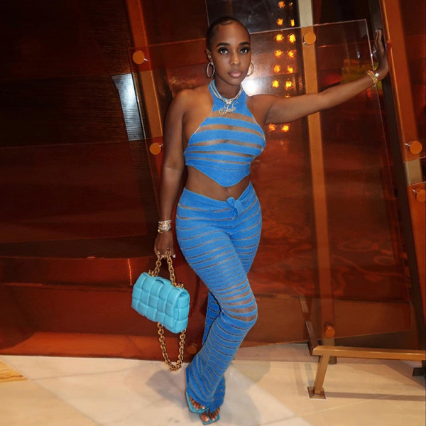 Fashion Hanging Neck Sexy Knitted Tank Top High Waist Pants Set W23S35504