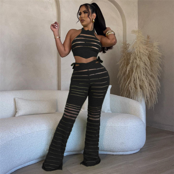 Fashion Hanging Neck Sexy Knitted Tank Top High Waist Pants Set W23S35504