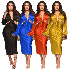 Women's Long sleeved Sexy V-neck Lace Up Waist Skirt Set