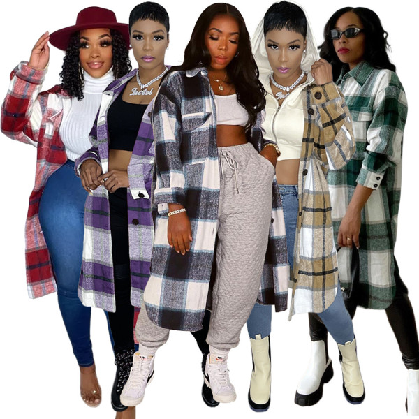 Pocket plaid long shirt jacket