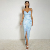 Sequin embroidered cross slit open back suspender slim fitting long skirt
