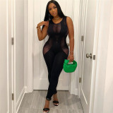 Sexy Hollow Knitted Hooked Flower Sleeveless High Waist Tight jumpsuit