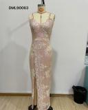 Sequin embroidered cross slit open back suspender slim fitting long skirt