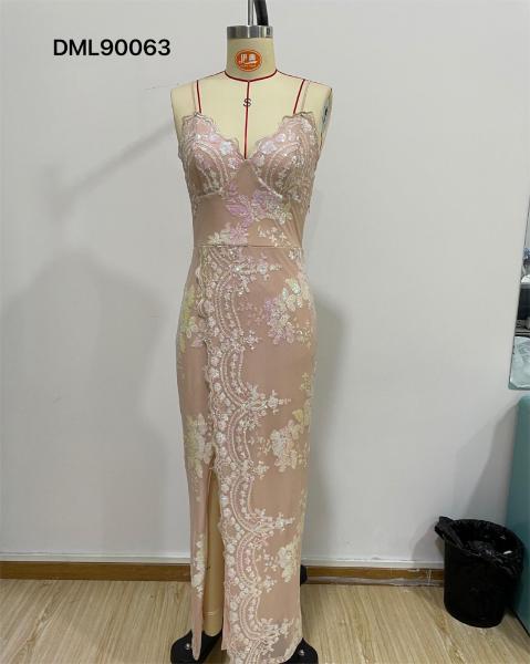 Sequin embroidered cross slit open back suspender slim fitting long skirt