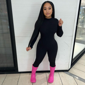 Solid color high waisted tight fitness jumpsuit