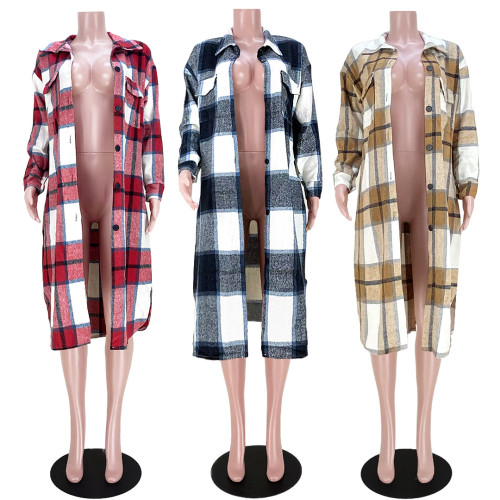 Pocket plaid long shirt jacket
