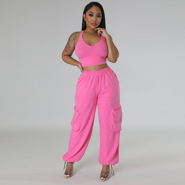 Sexy sleeveless vest pocket wide leg pants casual women's two-piece set