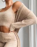 V-neck plush short vest and pants three piece set