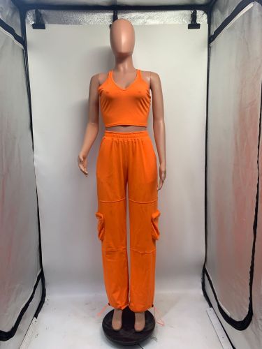 Sexy sleeveless vest pocket wide leg pants casual women's two-piece set
