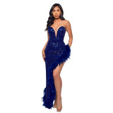 Chestless open back sequin dress with feather stitching dress