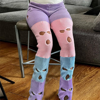 Women's New Sexy Hollow out Contrast Knitted High Waist Straight Leg Casual Pants