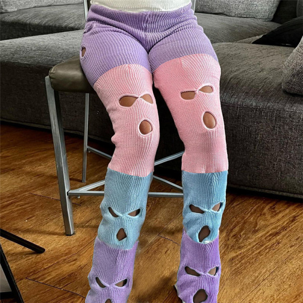 Women's New Sexy Hollow out Contrast Knitted High Waist Straight Leg Casual Pants