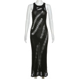 Sexy Sleeveless Knitted Perforated Round Neck High Waist Slim Fit Long Dress
