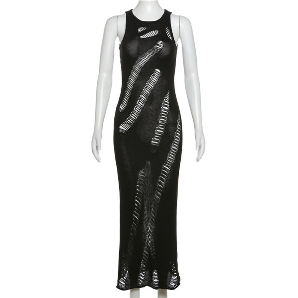 Sexy Sleeveless Knitted Perforated Round Neck High Waist Slim Fit Long Dress