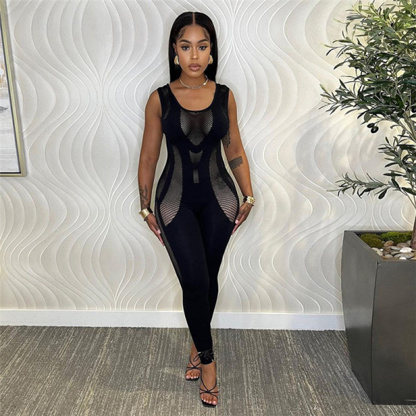 Sexy Hollow Knitted Hooked Flower Sleeveless High Waist Tight jumpsuit