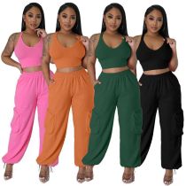 Sexy sleeveless vest pocket wide leg pants casual women's two-piece set Sexy sleeveless vest pocket wide leg pants casual women's two-piece set