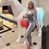 Women's long sleeved digital printed slim fitting high waisted sports jumpsuit pants