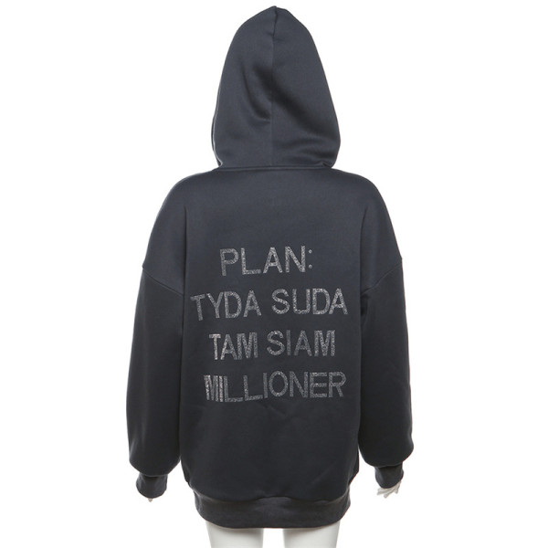 Hooded Letter Hot Diamond Street Trendy Loose Mid length Sweater