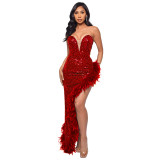 Chestless open back sequin dress with feather stitching dress