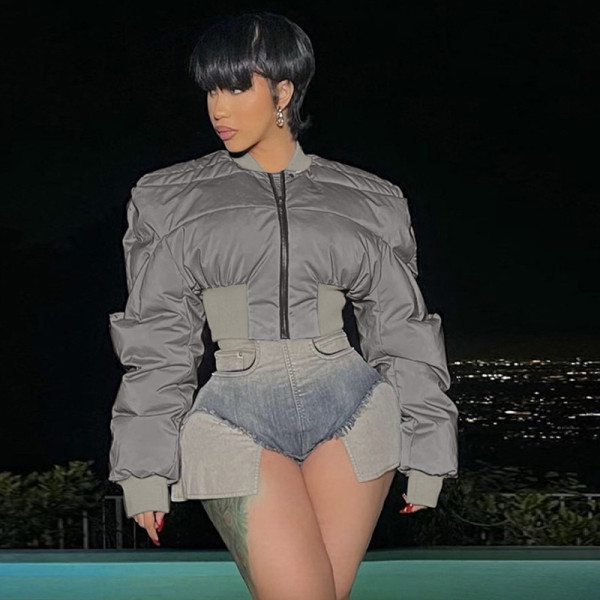 Women's casual laser reflective patchwork short and thick cotton jacket