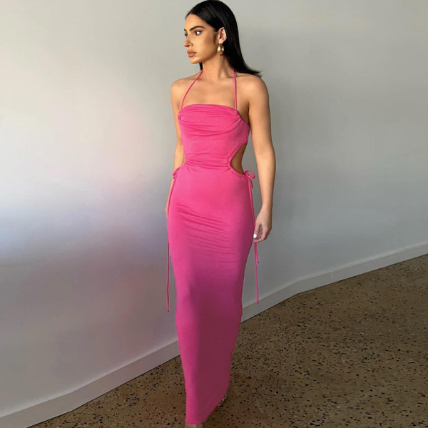 Lace up open back side cut out slim fitting dress